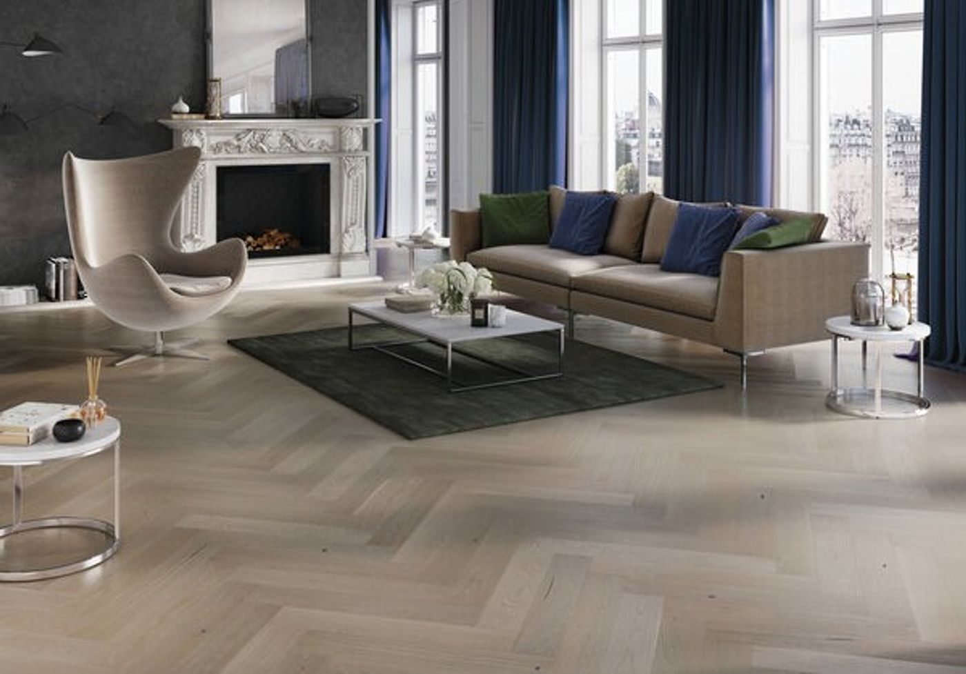 VAREPRØVE Fiskebensparkett Saga Herringbone Eik Platinum